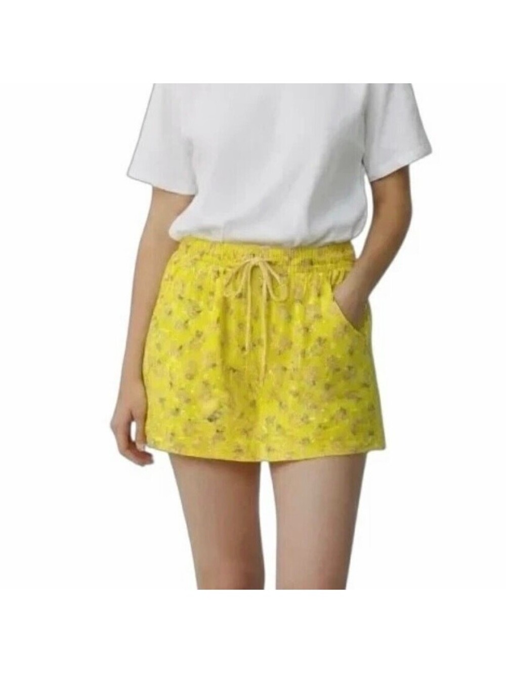 Cozee Corner Women Mini Skirt XL Yellow Pineapple Print Drawstring Casual Cotton